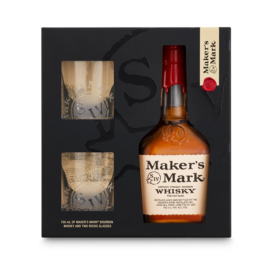 Maker's Mark Bourbon Whisky Gift Set - 750ml Bottle with Rocks Glasses